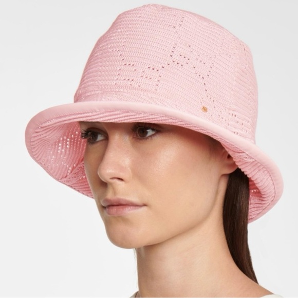 NWT~GUCCI~‘Malibu’ Leather-trimmed Crocheted Pink Bucket Hat - Large 58cm - Picture 2 of 14